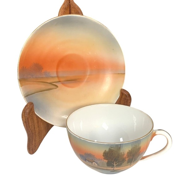 Other - Meito China Hand Painted Sunset Landscape Tea Cup & Saucer Set Asian Art Japan
